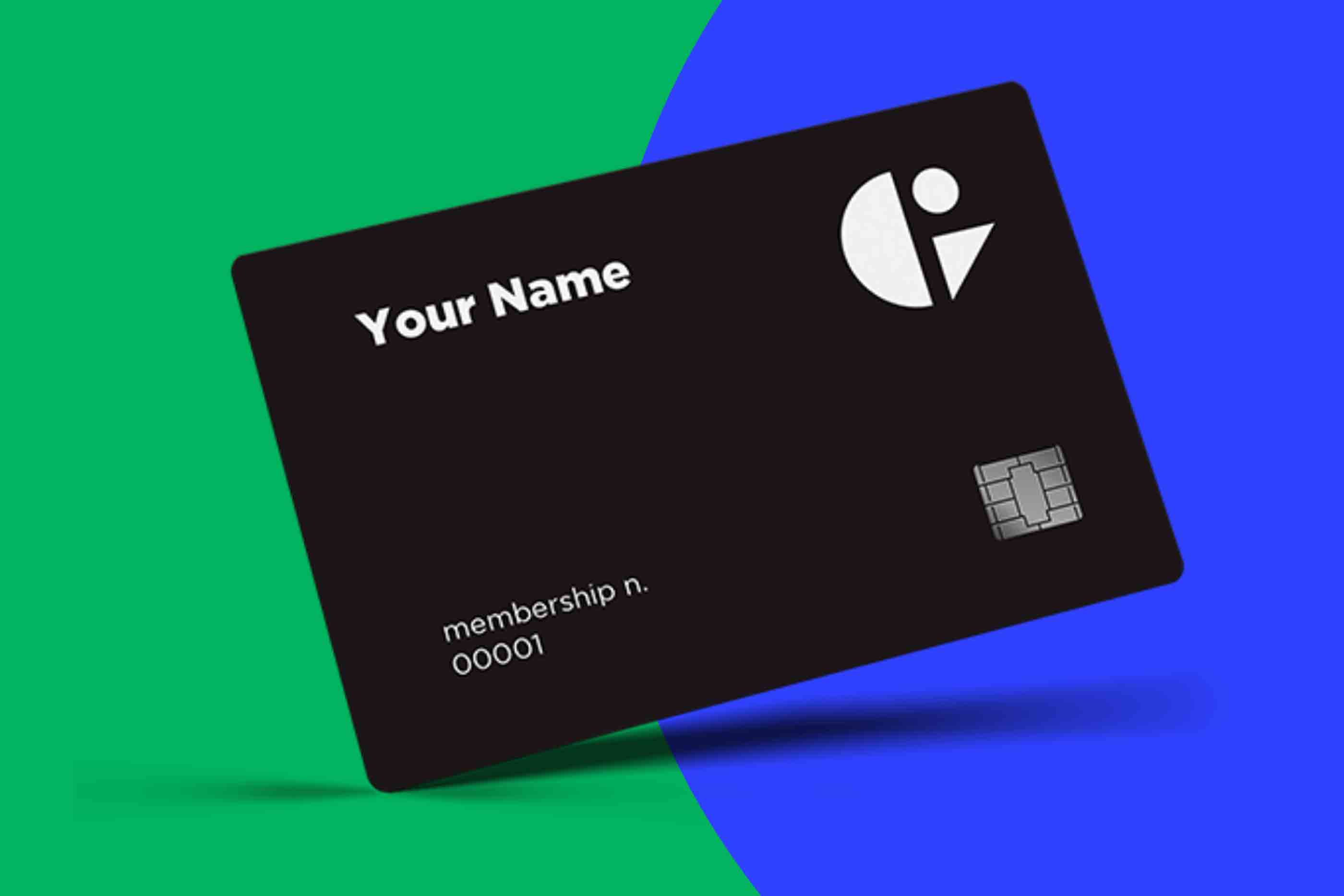 Cartão de Sócio Gig Club, preto, representado num fundo bi-color verde e azul
