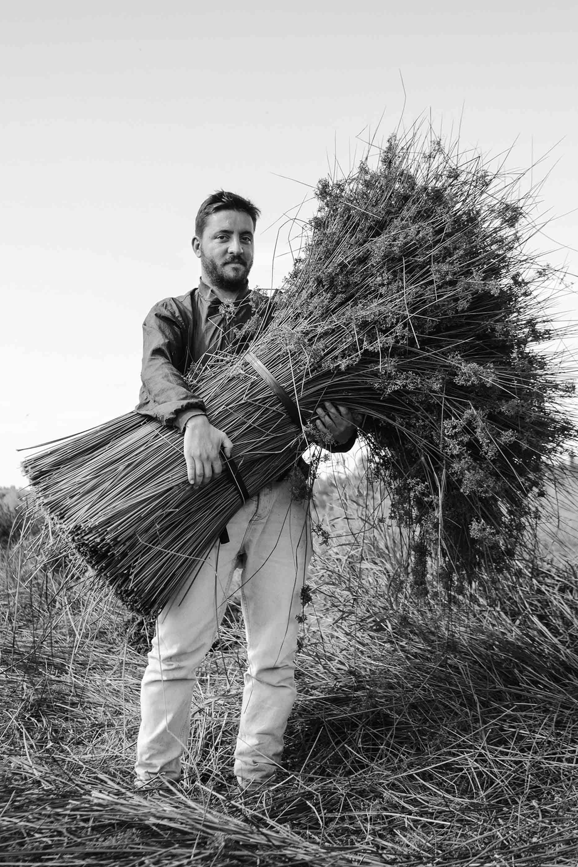 Foto a preto e branco de Nuno Henriques, criador da marca TOINO ABEL, a segurar um grande ramo de junco, no campo
