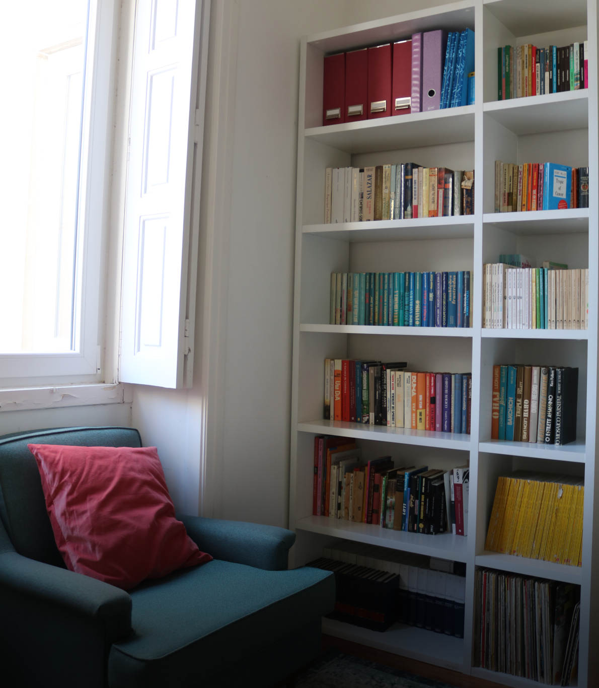 Cantinho de um quarto com uma estante cheia de livros coloridos e um sofá verde