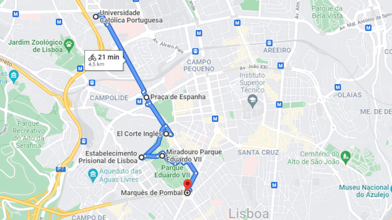 Mapa do percurso no Google Maps do passeio de trotinete feito pelo Afonso.