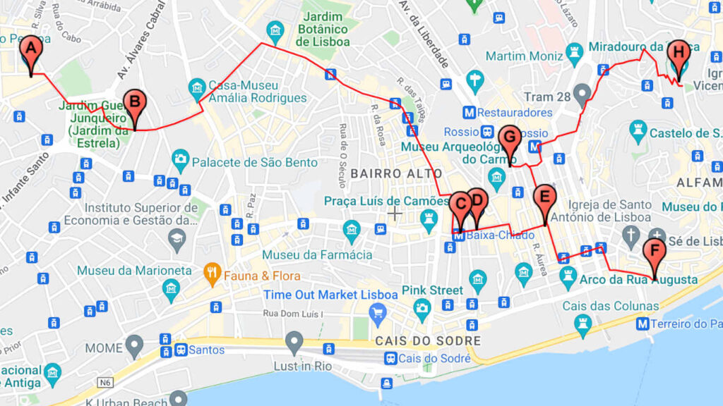 Mapa de Lisboa com todos os locais a visitar durante o roteiro literário.