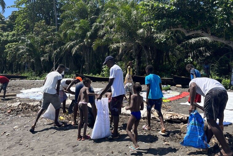 Grupo de pessoas recolhem lixo na praia