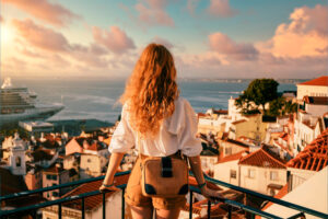Jovem de costas, cabelo ruivo, observa o bairro de Alfama e o Tejo a partir de um miradouro ao pôr-do-sol.
